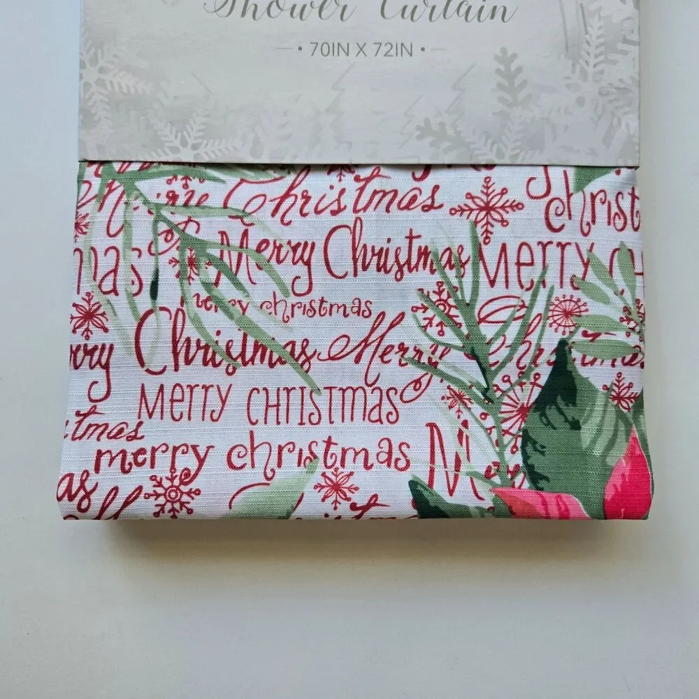 Merry Christmas Shower Curtain 70 x 72 Poinsettias Winter Wonderland